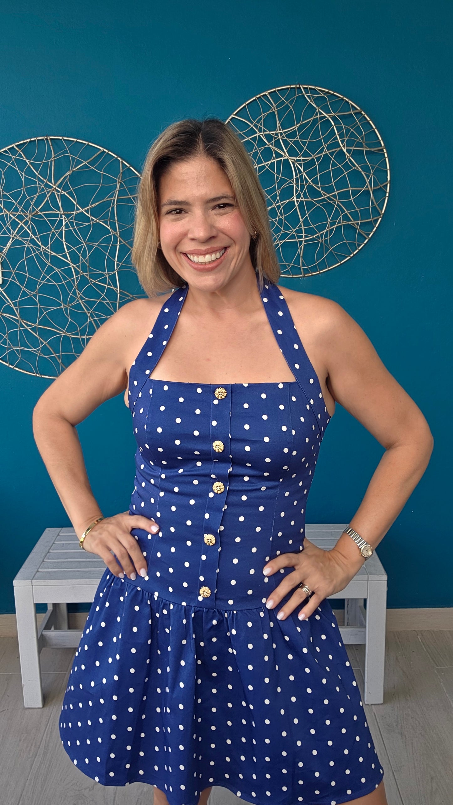 Navy Blue Polka Dots Mini Dress