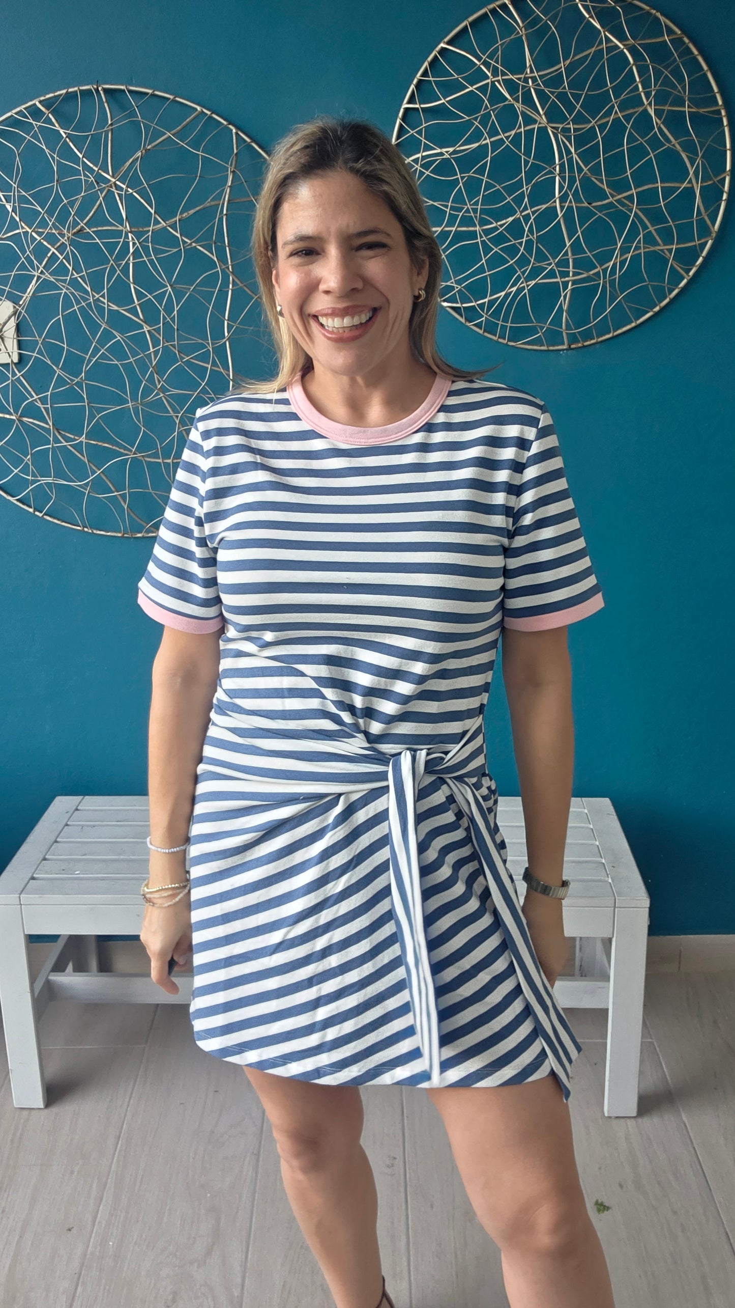 Blue Striped Waist Tie Mini Dress ✨