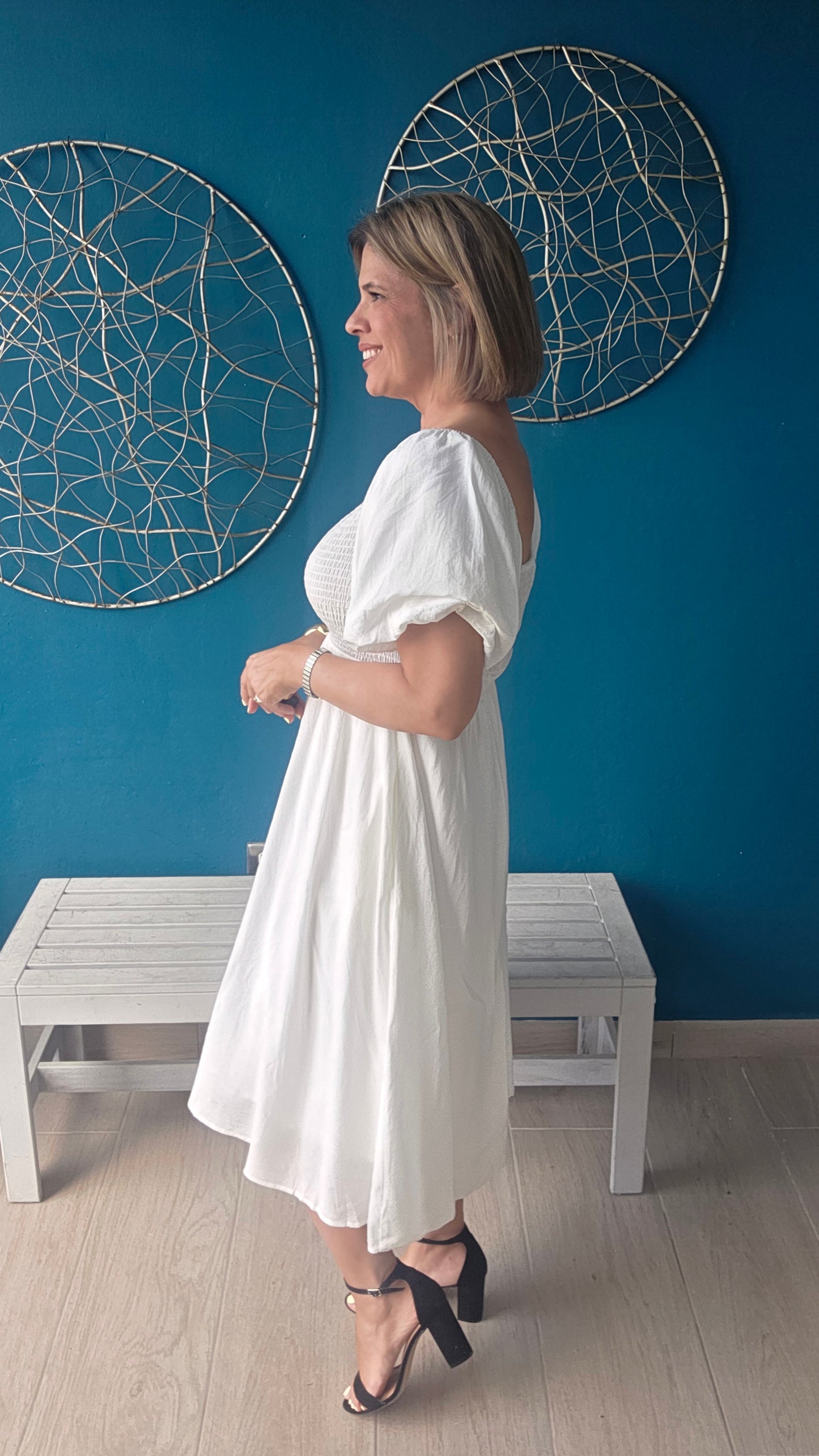 Smocked White Midi Dress