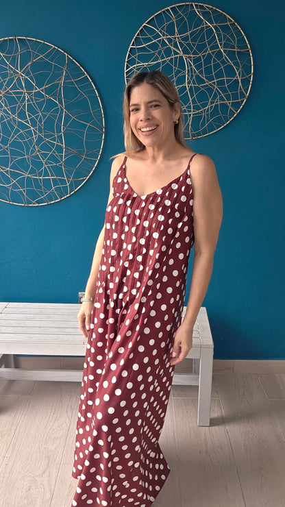 Brown Polka Dots V-neck Maxi Dress