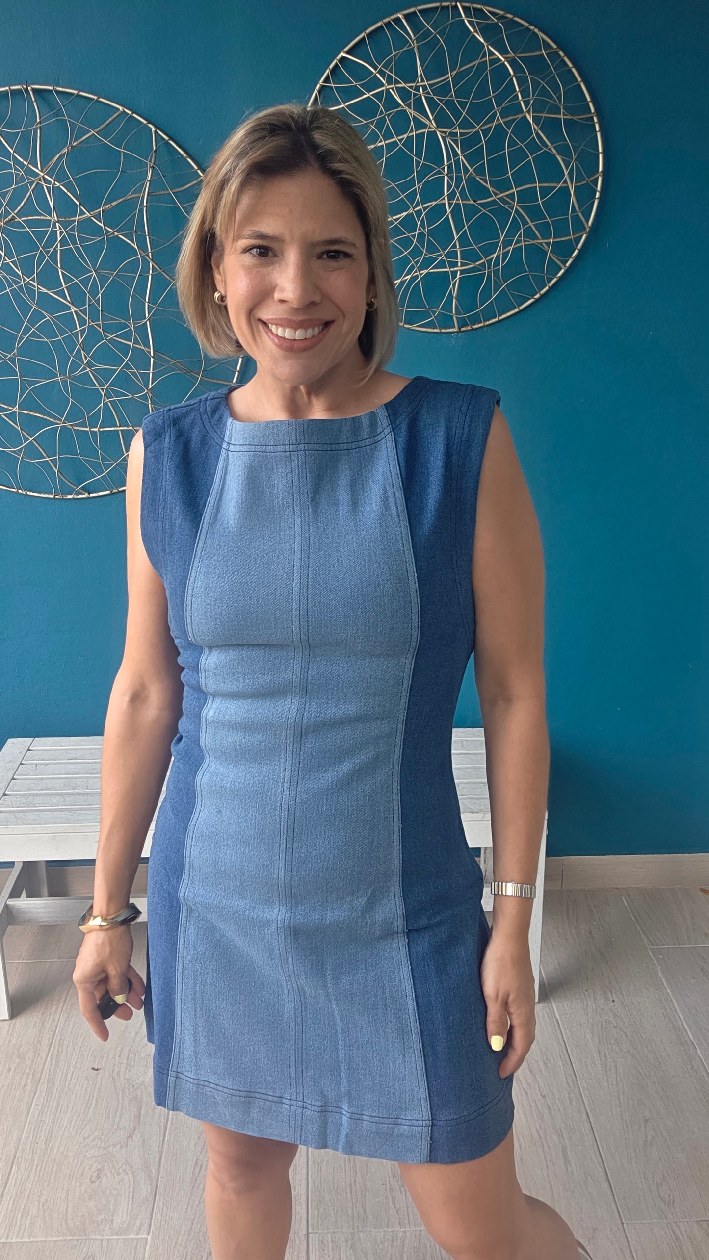 Color Block Denim Mini Dress Small