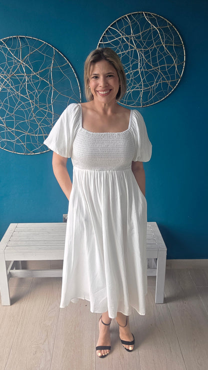 Smocked White Midi Dress