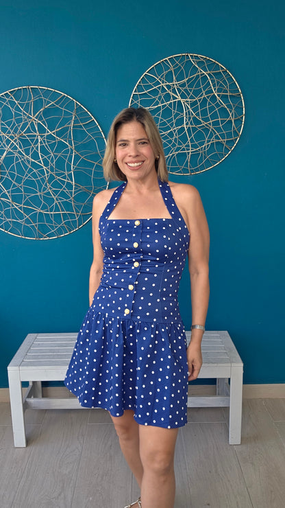 Navy Blue Polka Dots Mini Dress