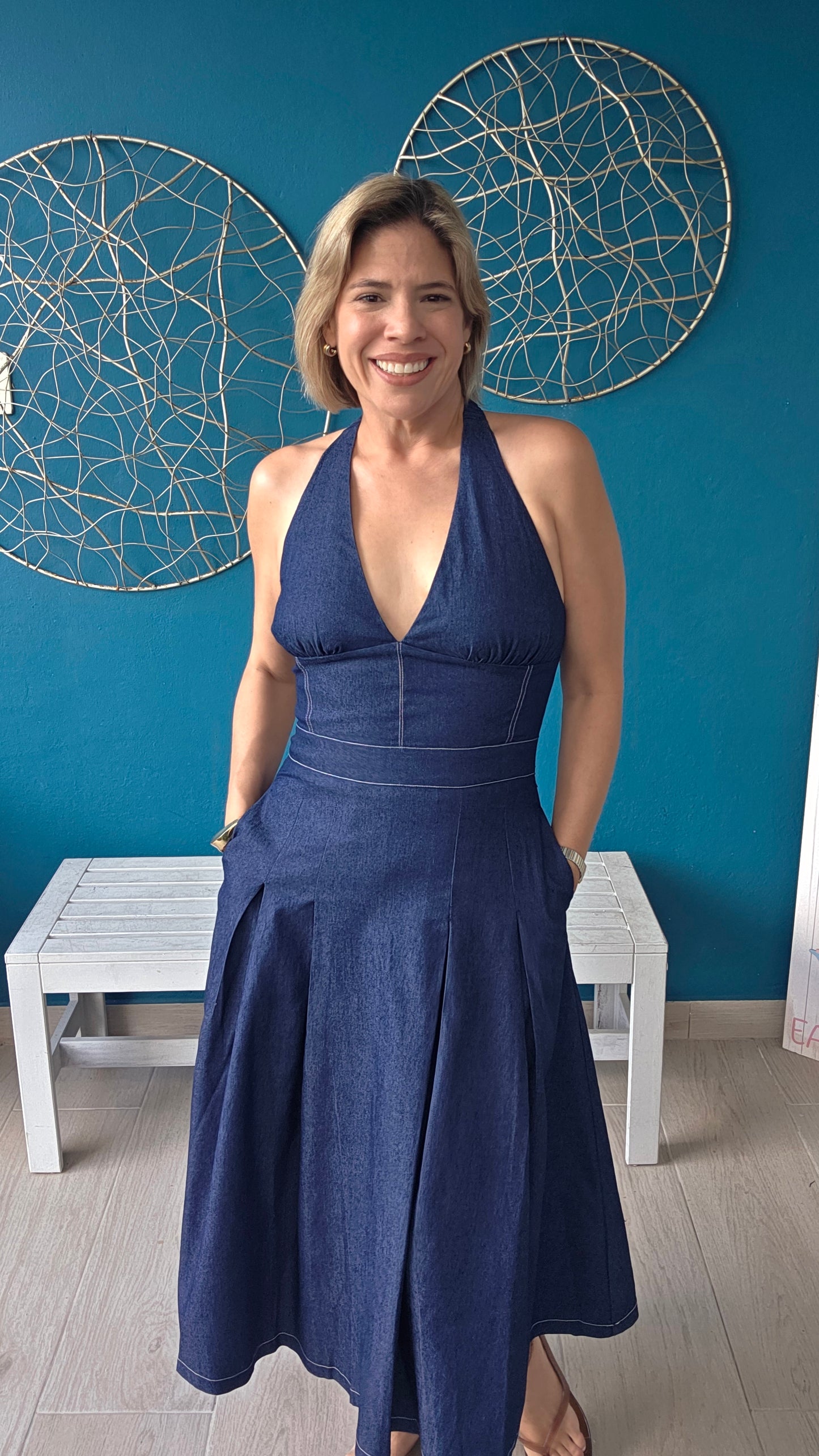Halter Denim Midi Dress Small