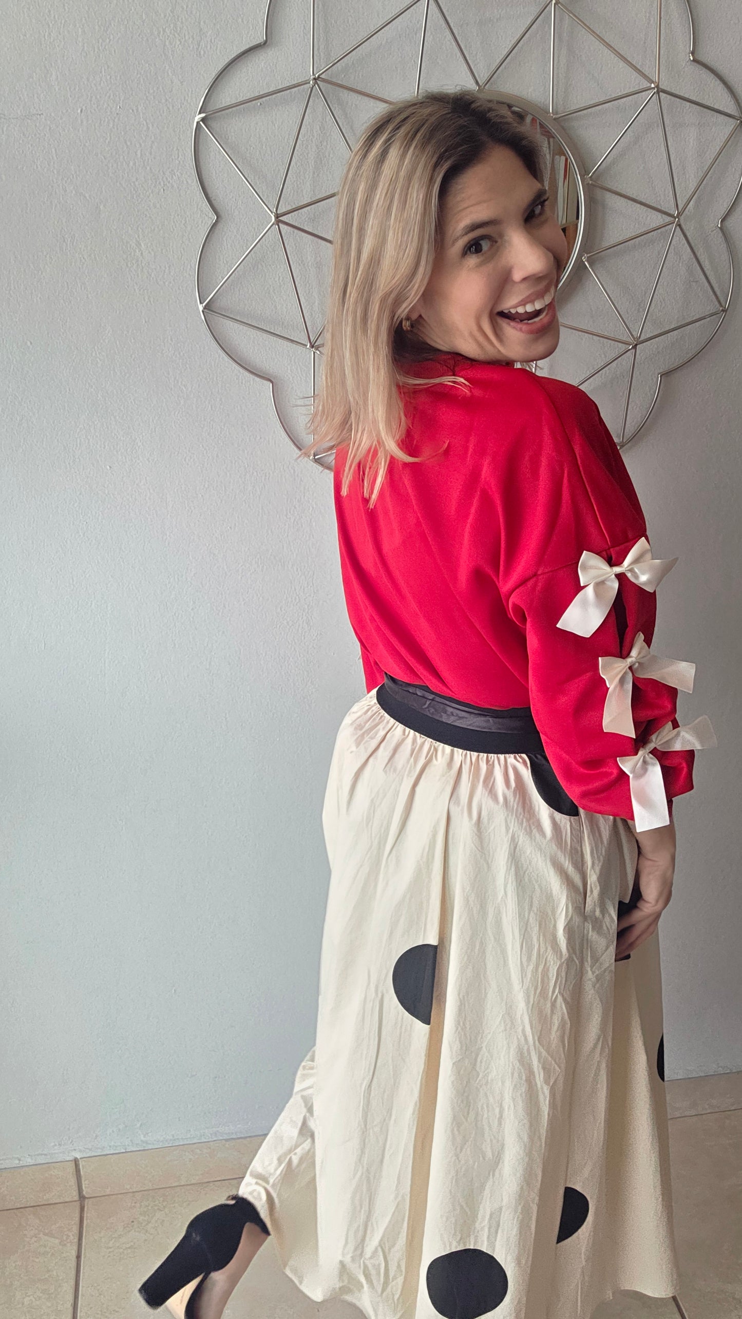 Polka Dot Midi Skirt- Beige