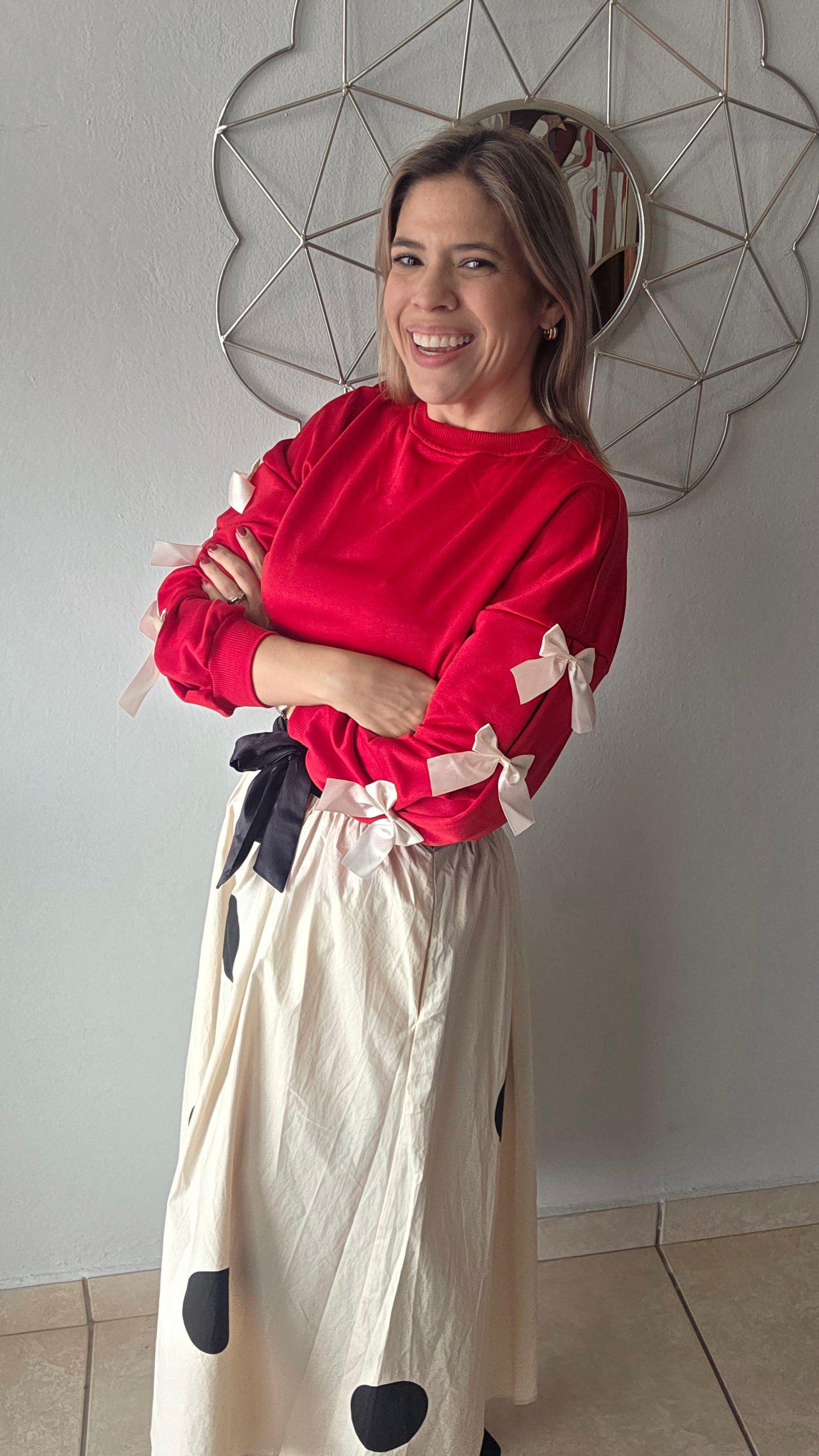 Polka Dot Midi Skirt- Beige