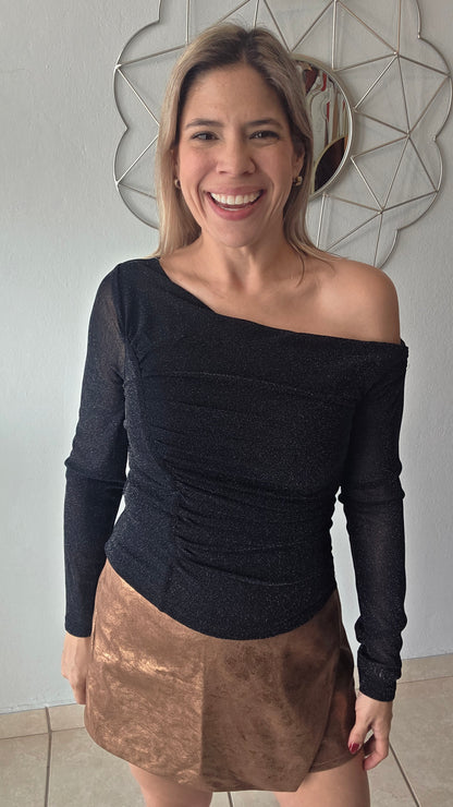One Shoulder Sparkle Mesh Top