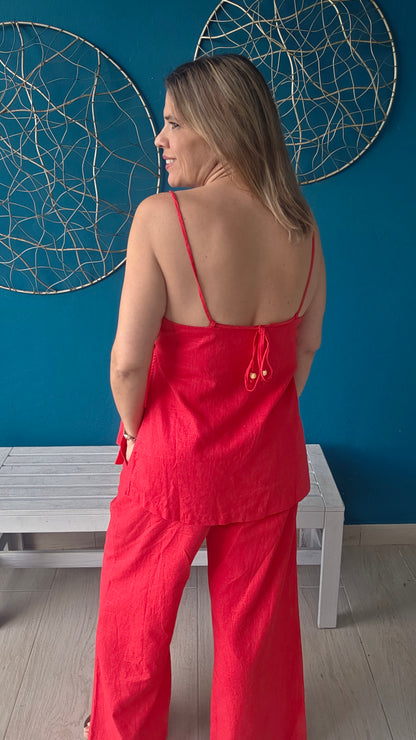 Red Linen Pants Set