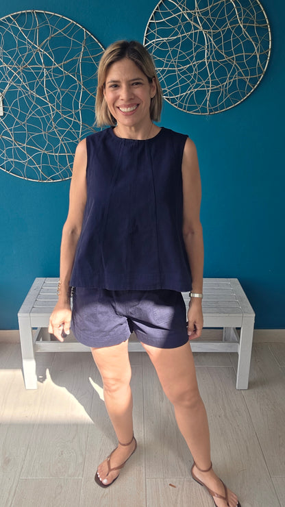 Sleeveless Color Denim Top And Matching Shorts Set