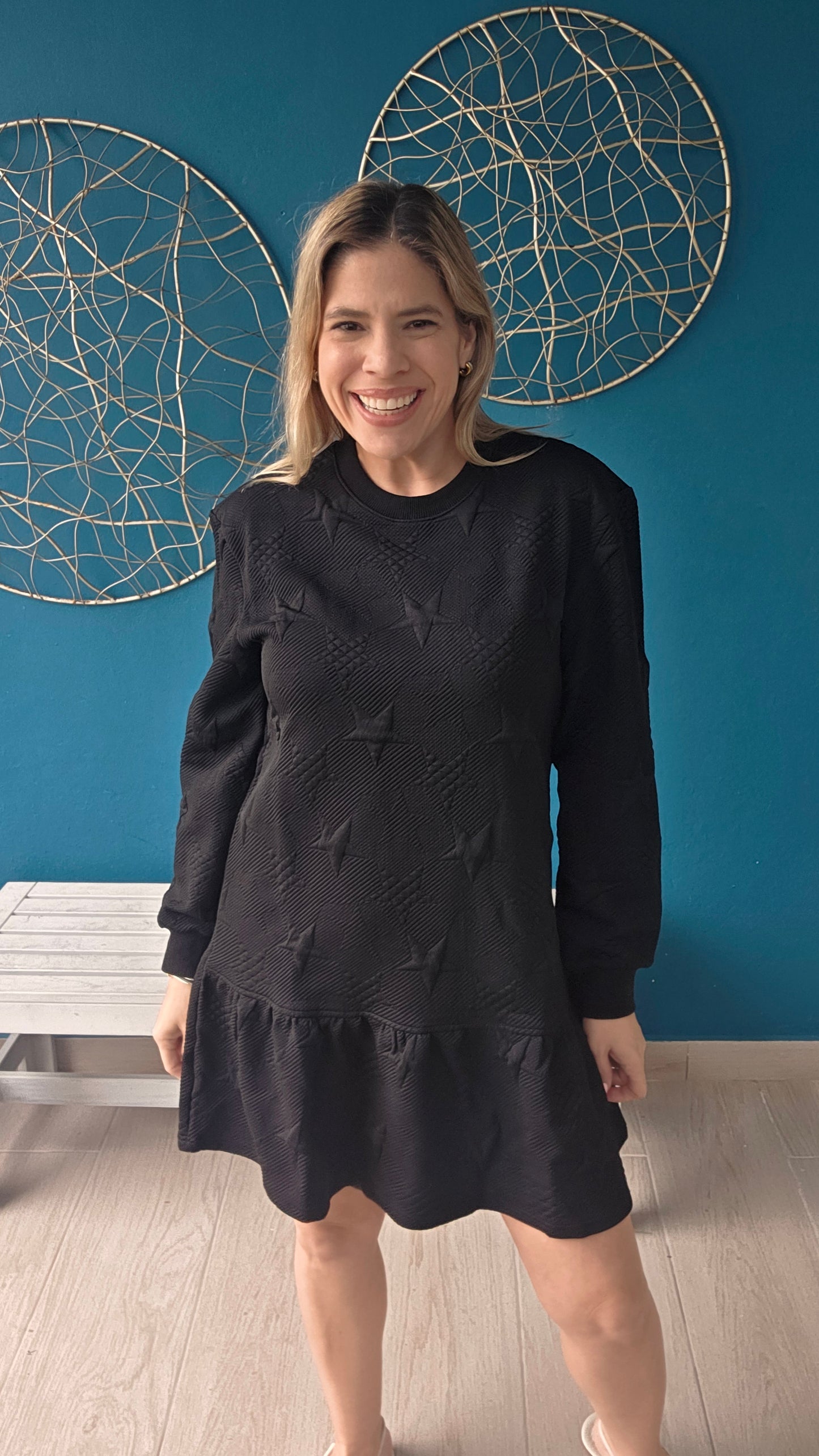 Star Textured Mini Dress Black