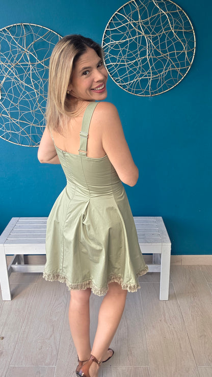 Square-neck Button-detail Mini Dress
