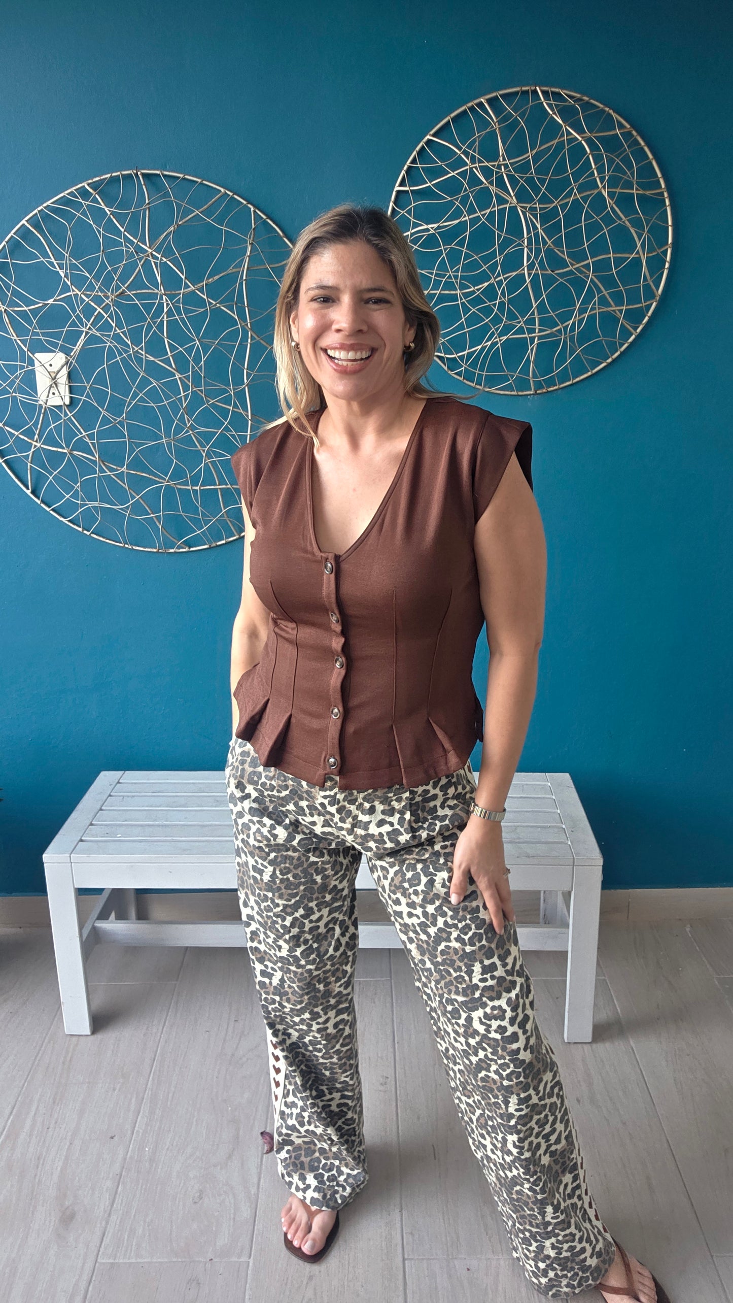 Brown Pleated Button Down Top