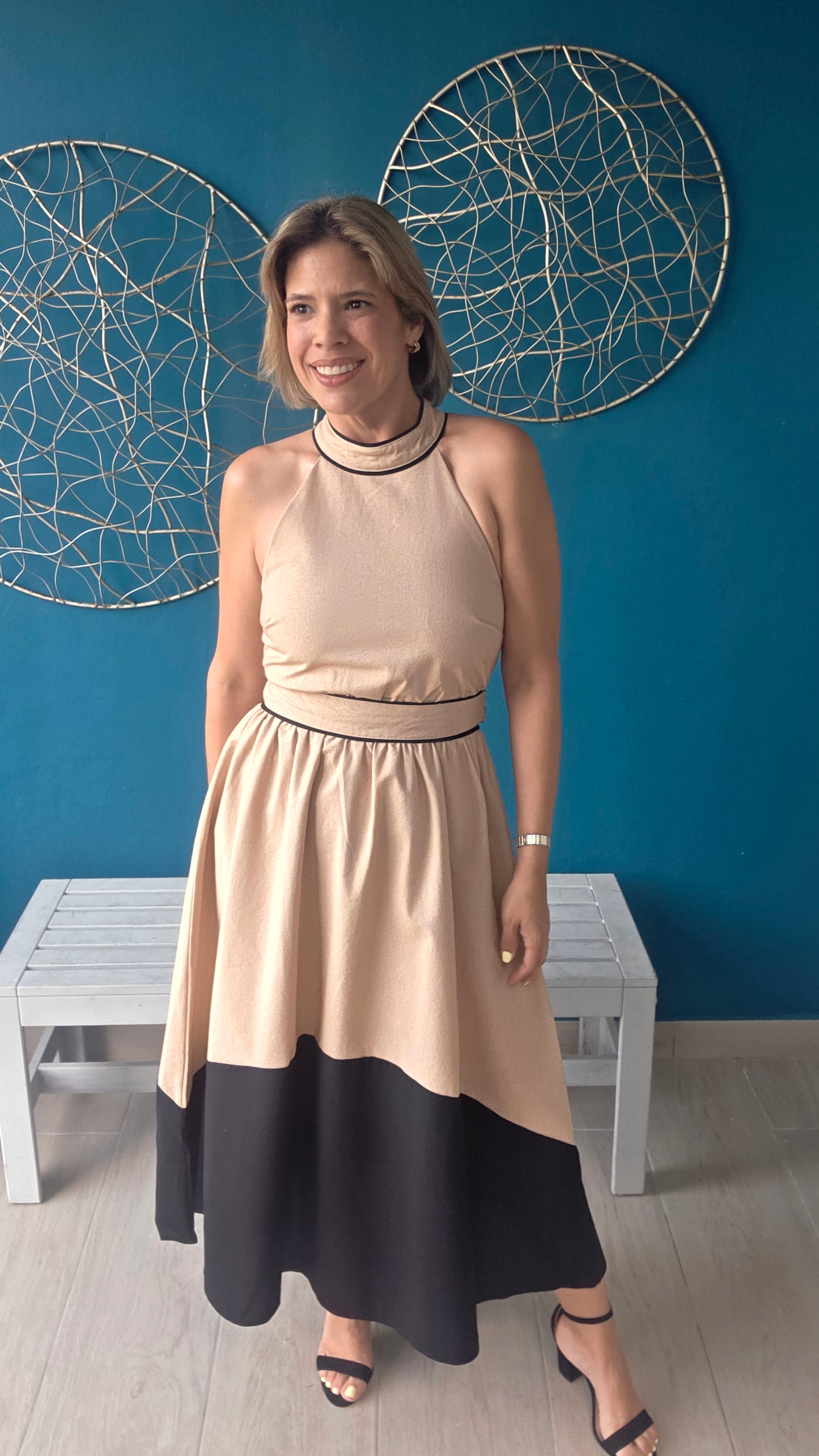 Two-Tone Halter Midi Dress