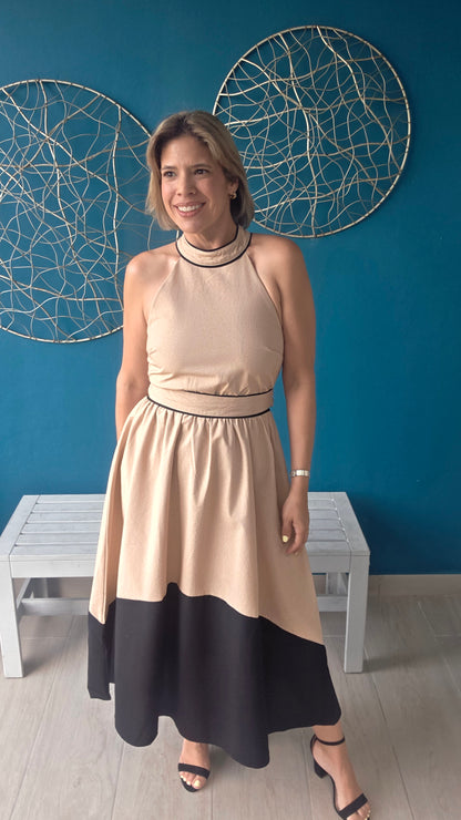 Two-Tone Halter Midi Dress