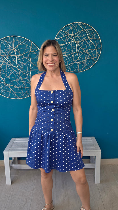 Navy Blue Polka Dots Mini Dress