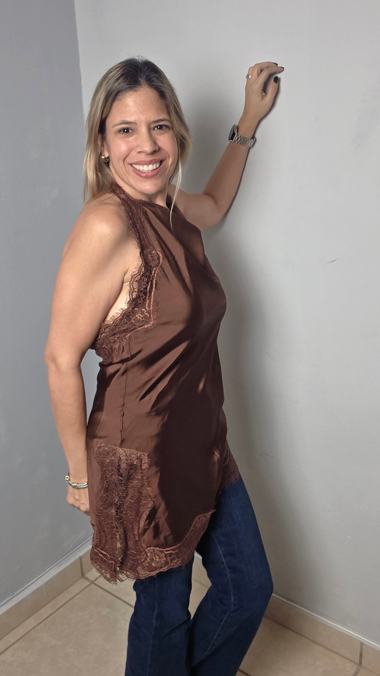 Satin Lace Asymmetrical Halter Top