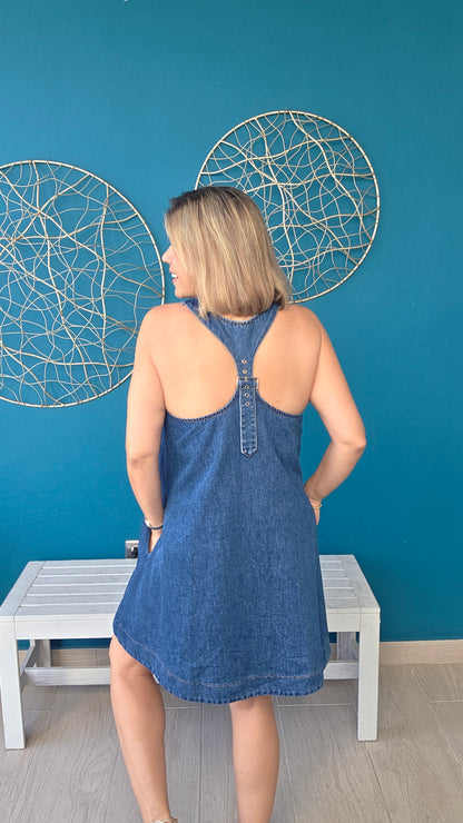 Buckle back denim mini dress