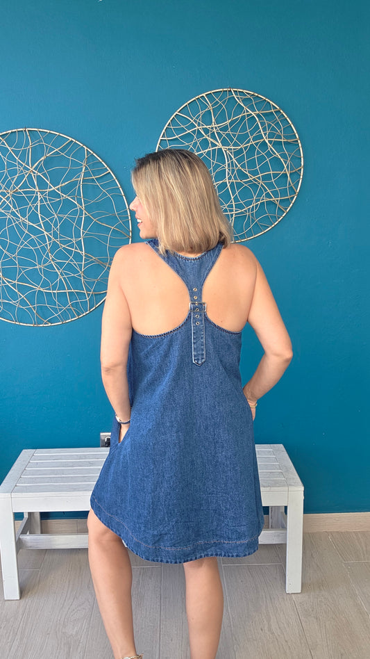 Buckle back denim mini dress