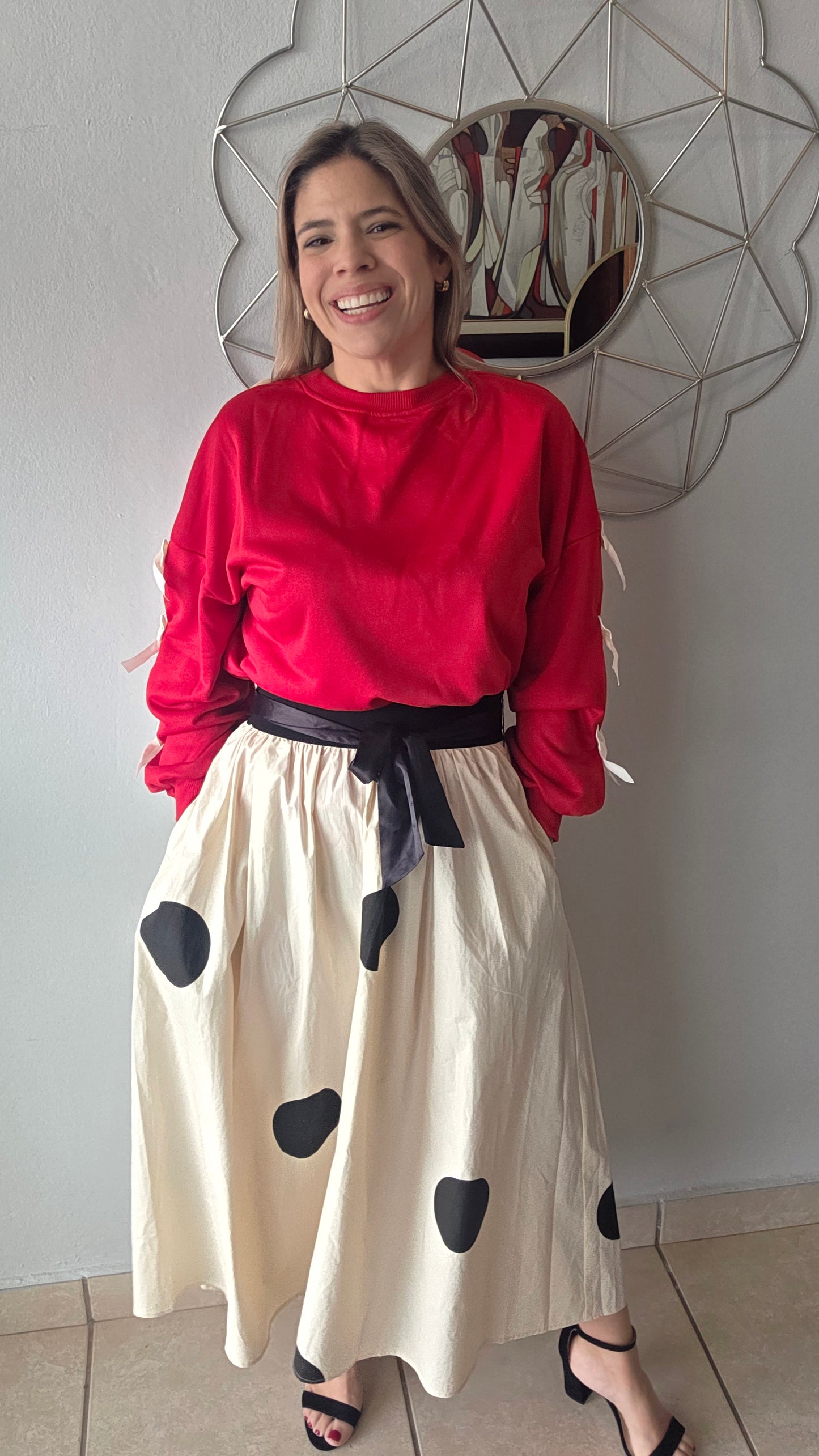 Polka Dot Midi Skirt- Beige