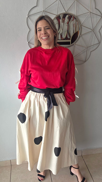 Polka Dot Midi Skirt- Beige