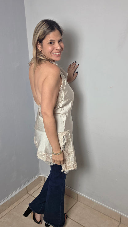 Satin Lace Asymmetrical Halter Top