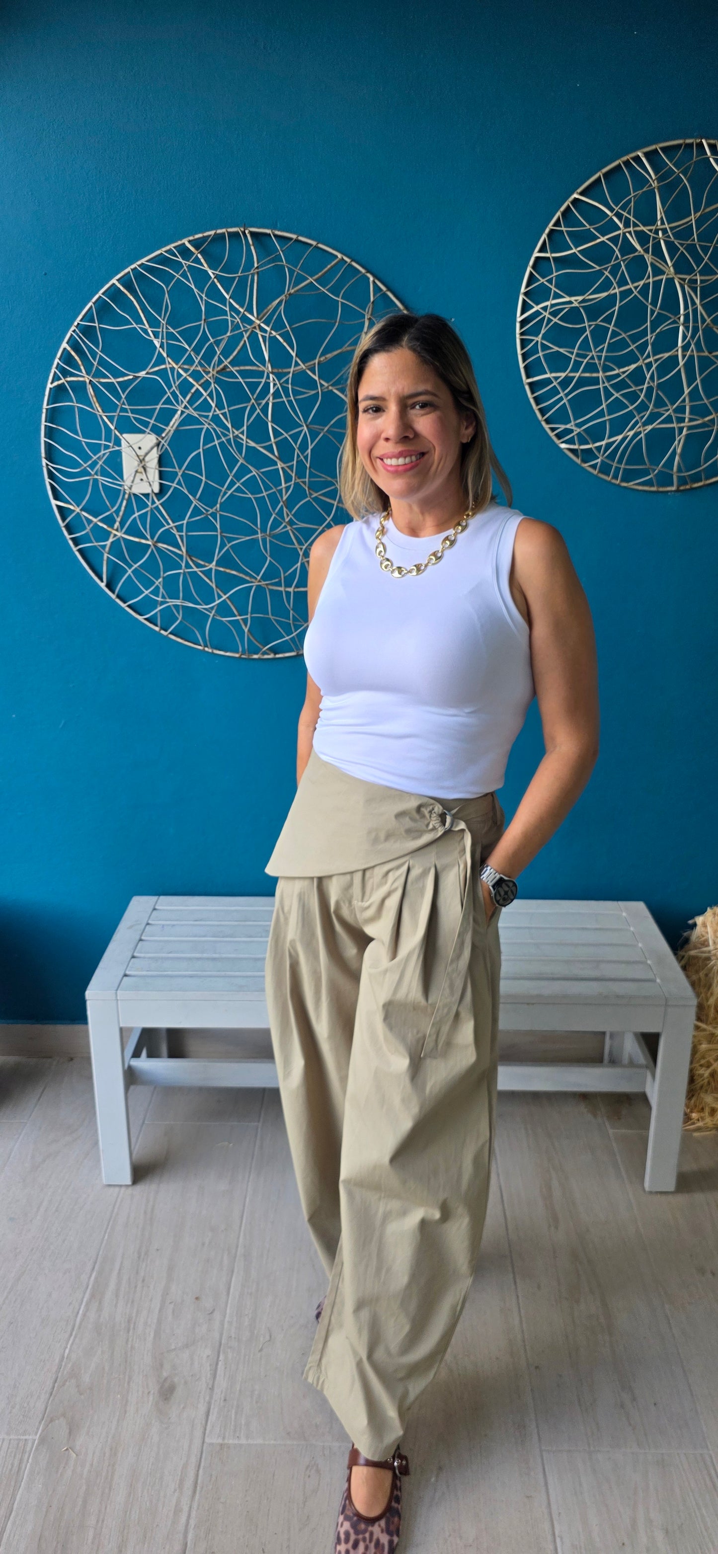 Light Olive Sarong Detail Barrel Leg Trouser Pants
