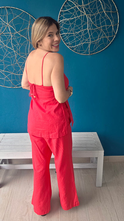 Red Linen Pants Set