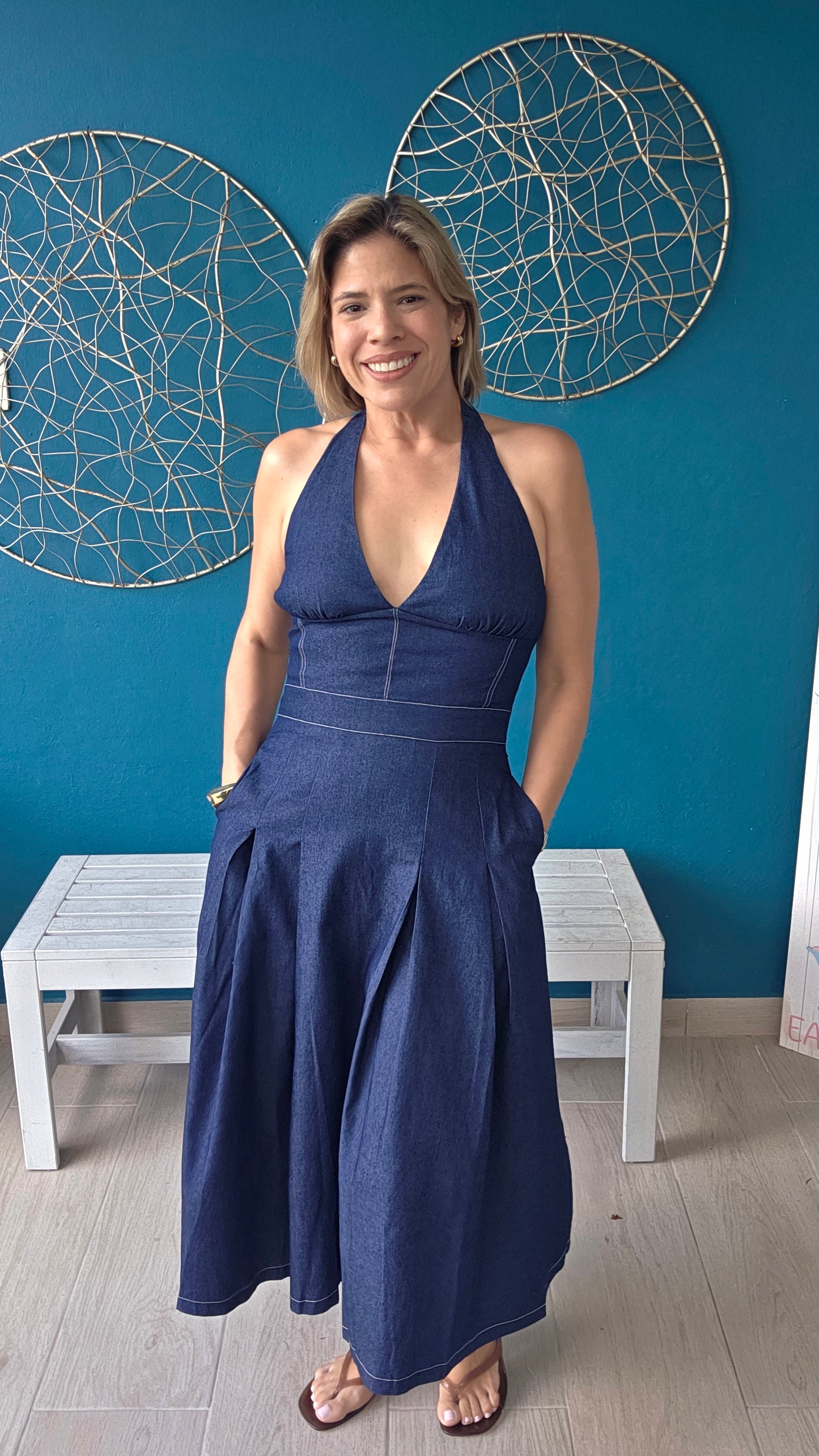 Halter Denim Midi Dress Small