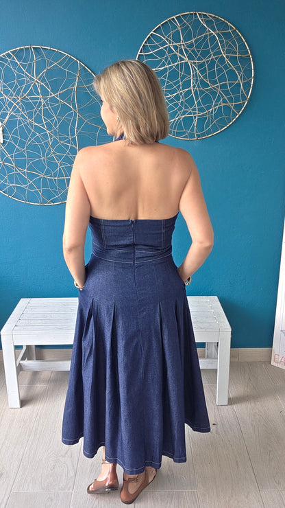 Halter Denim Midi Dress
