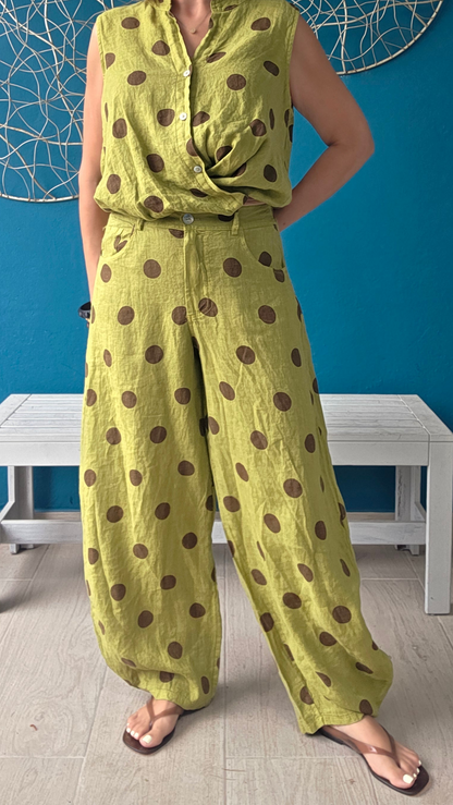 Polka Dot Linen Barrel Pants