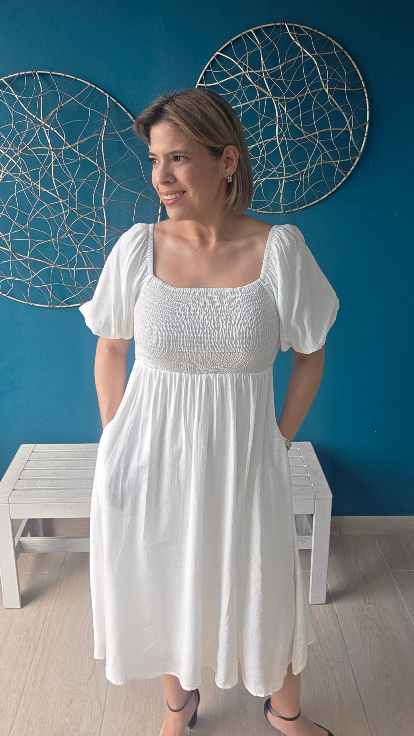 Smocked White Midi Dress