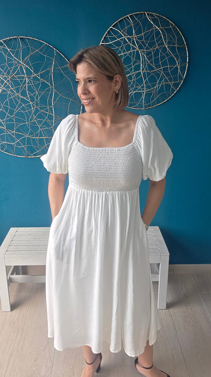 Smocked White Midi Dress