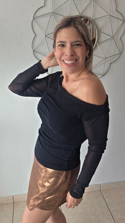 One Shoulder Sparkle Mesh Top