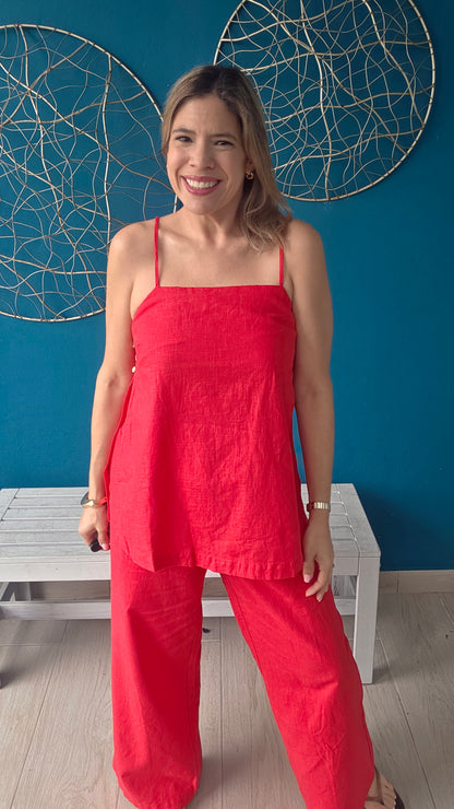 Red Linen Pants Set