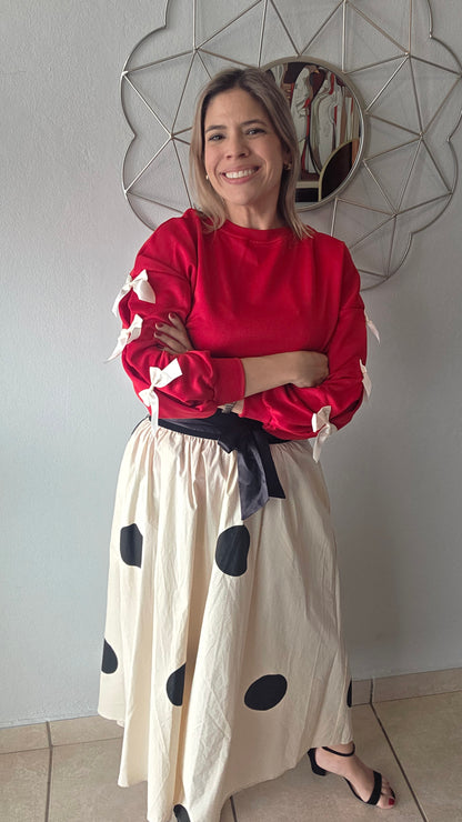 Polka Dot Midi Skirt- Beige
