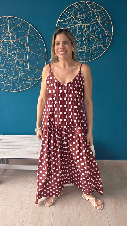 Brown Polka Dots V-neck Maxi Dress