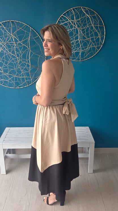 Two-Tone Halter Midi Dress