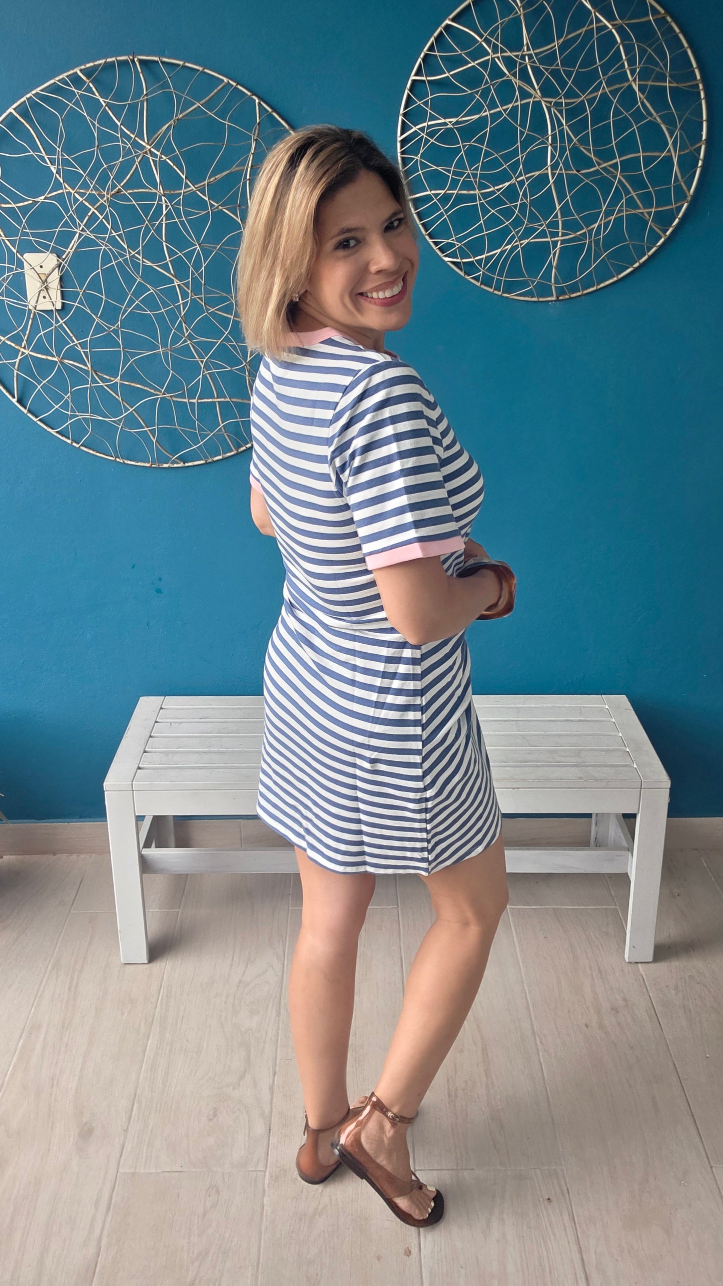 Blue Striped Waist Tie Mini Dress