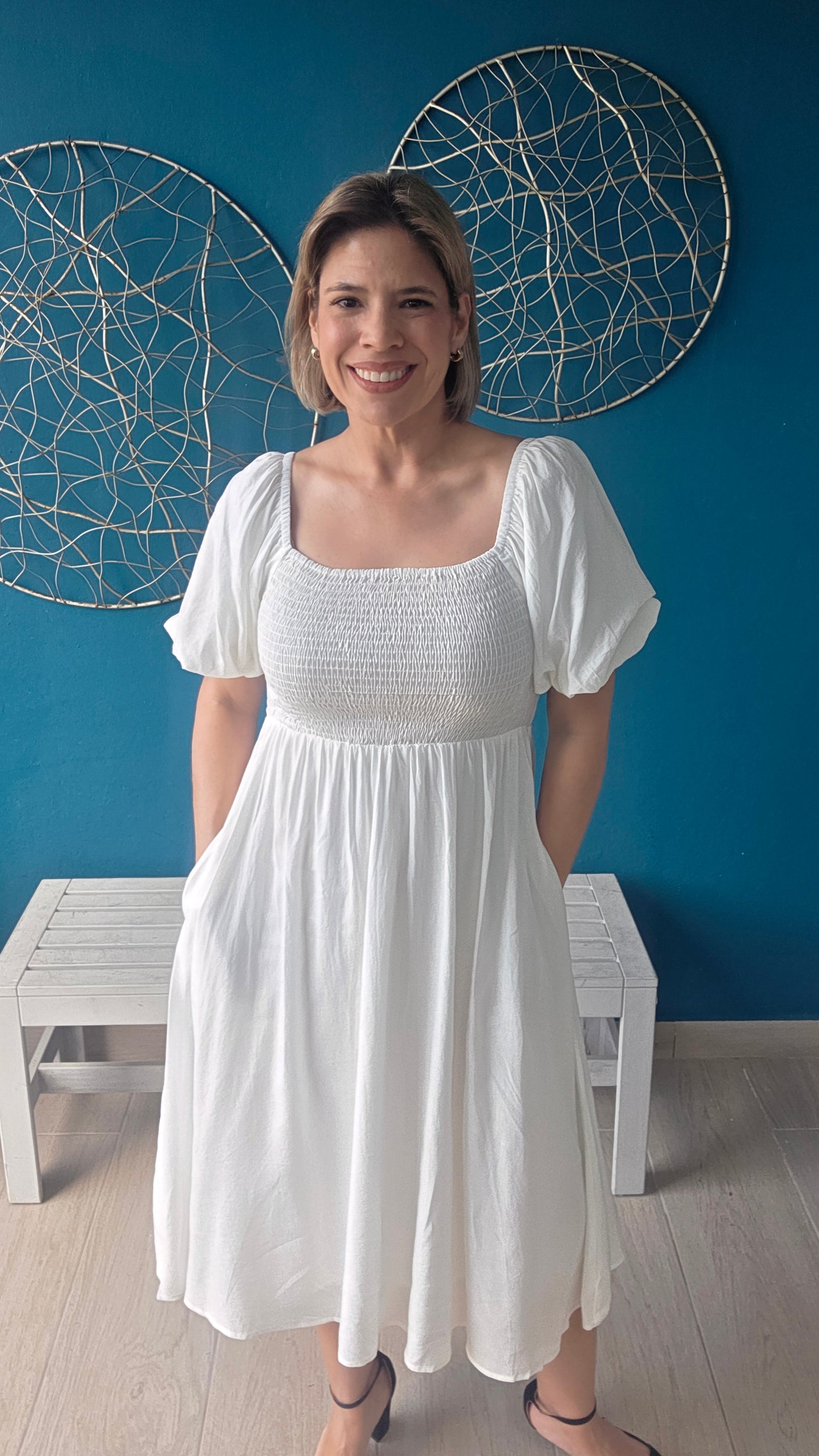 Smocked White Midi Dress