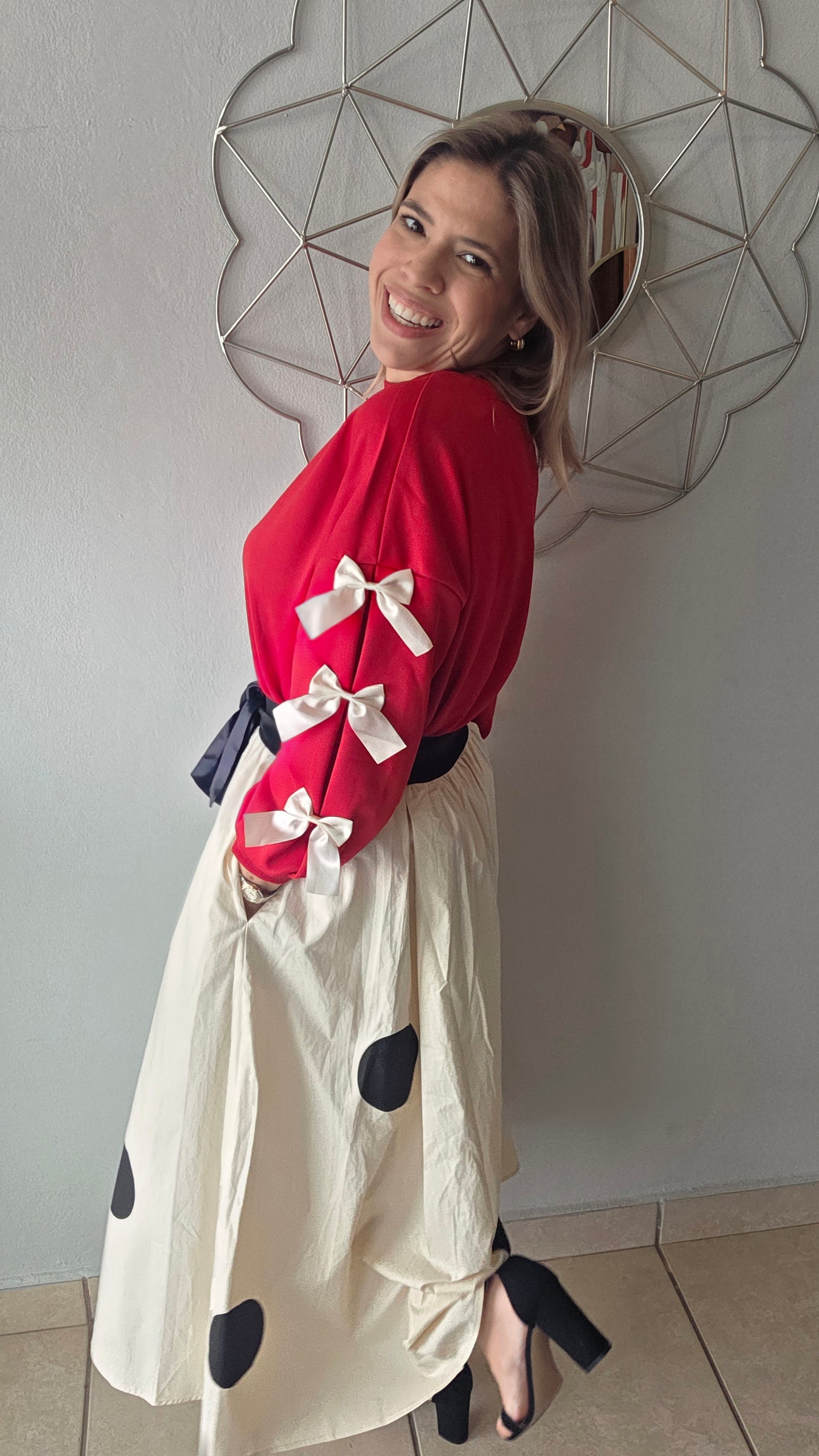 Polka Dot Midi Skirt- Beige