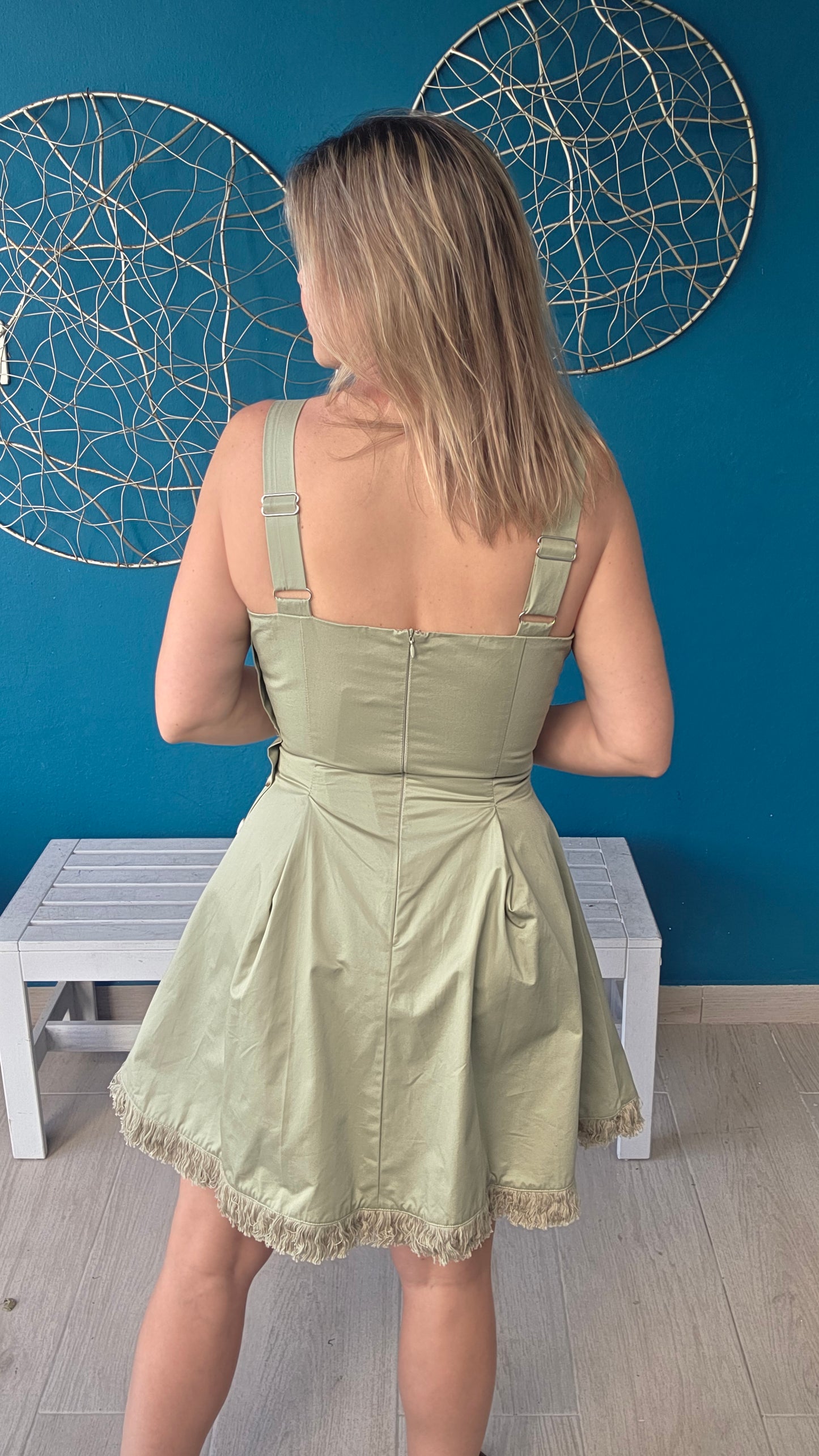 Square-neck Button-detail Mini Dress