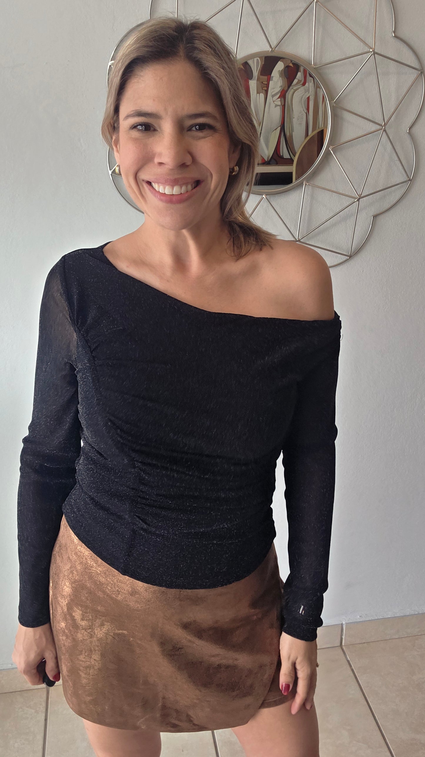 One Shoulder Sparkle Mesh Top