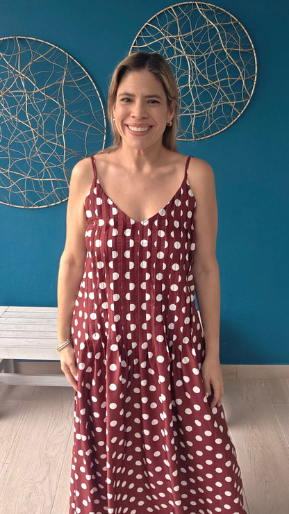 Brown Polka Dots V-neck Maxi Dress