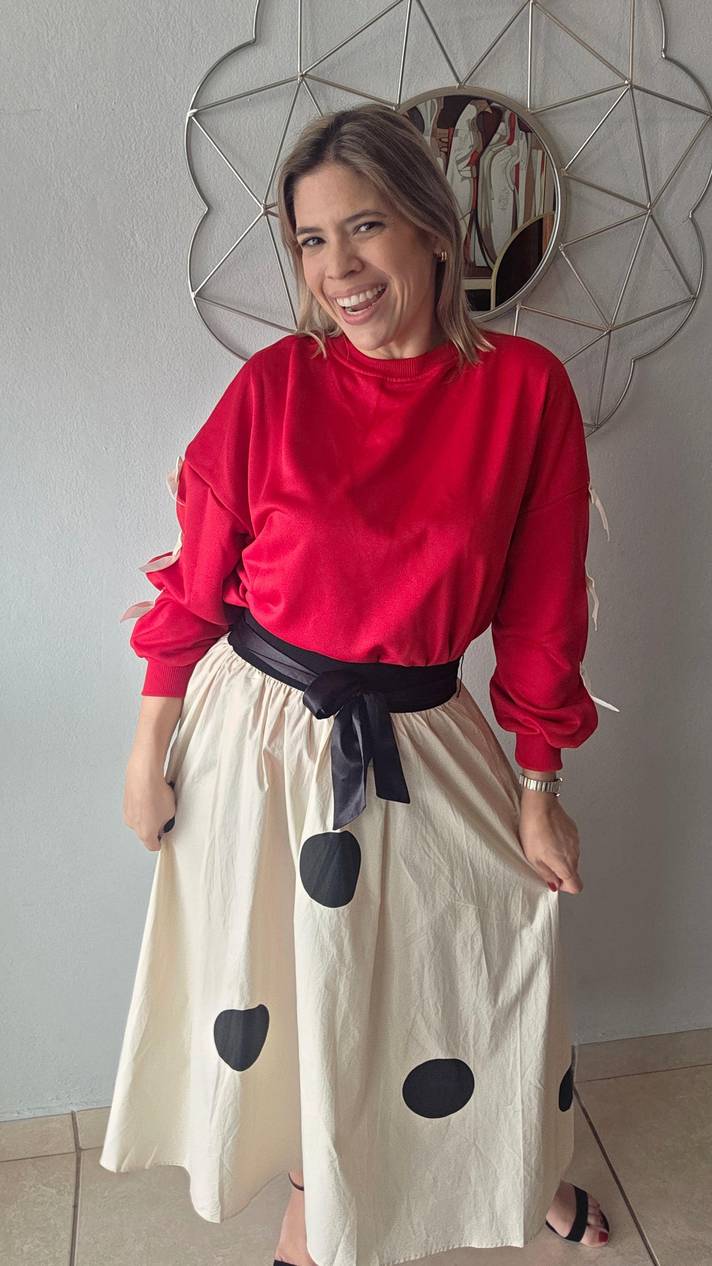 Polka Dot Midi Skirt- Beige