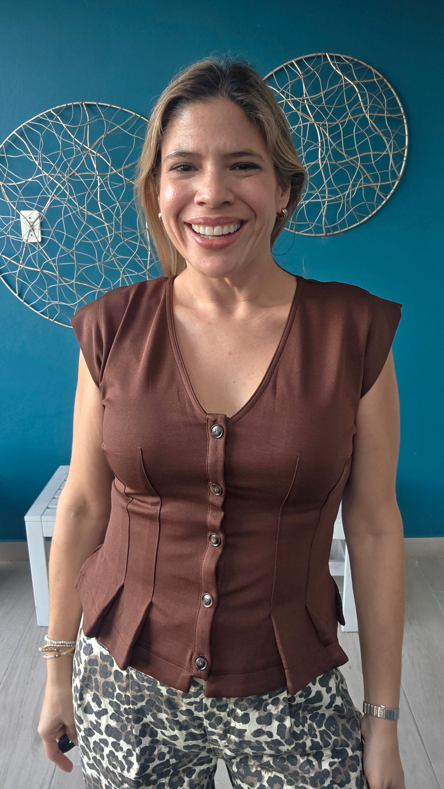 Brown Pleated Button Down Top